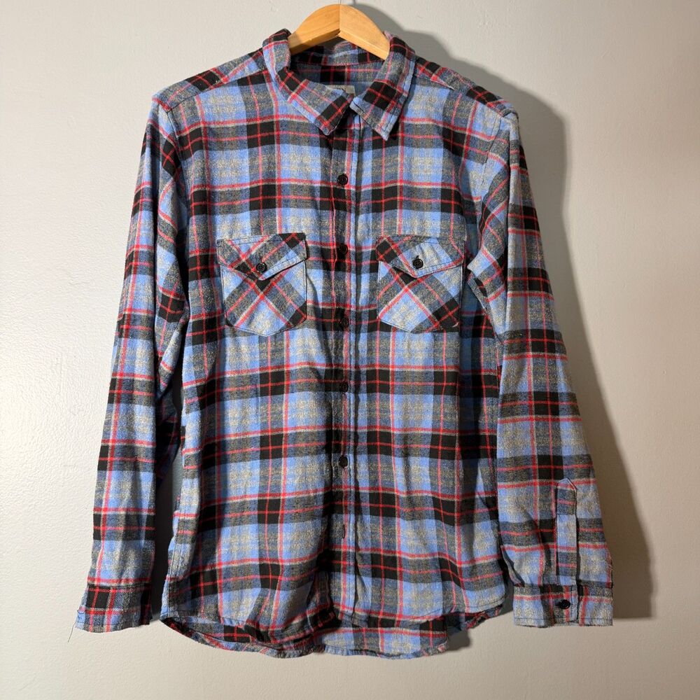 Open Trails Blue Plaid Flannel Shirt Men's XL Button Up Cotton